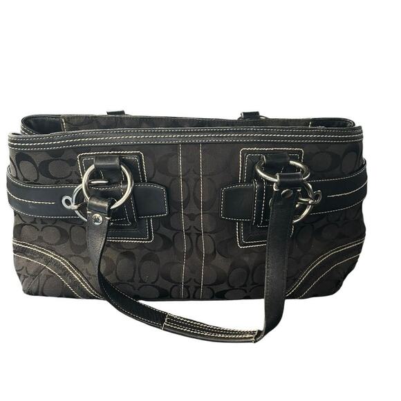 Coach Signature Black Jacquard Satchel Shoulder Bag Leather Trim - Picture 1 of 9